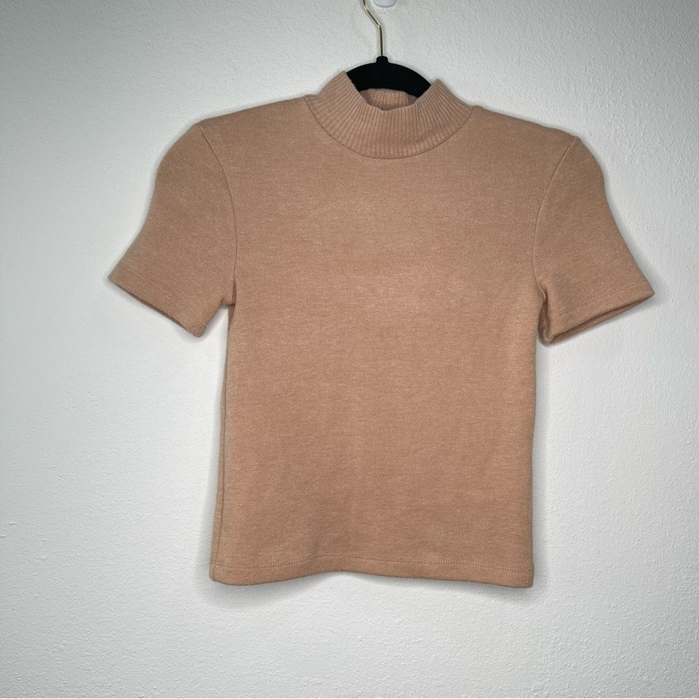 Zara Sweater Womens S Camel Tan Crop Mock‎ Neck Short Sleeve Layering